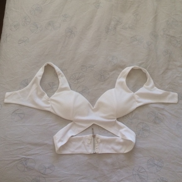 White cropped criss cross cut out top