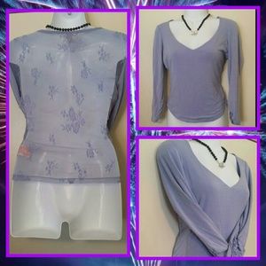 NWOT- blue sheer lace back V-neck top