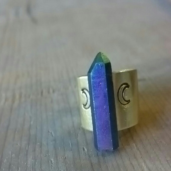 Handstamped crescent brass ring/titanium quartz