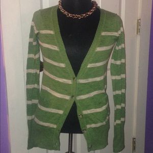 green and tan cardigan