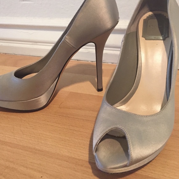 Christian Dior Silver Satin Peep Toe Heels - Picture 2 of 4
