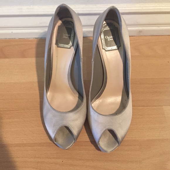 Christian Dior Silver Satin Peep Toe Heels - Picture 3 of 4