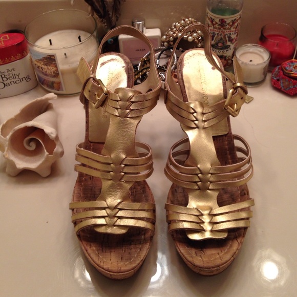 Audrey Brooke gold wedge heels