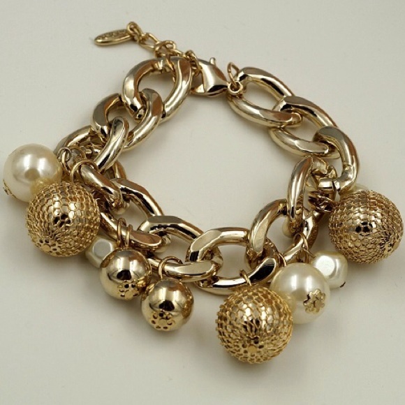 Pearl Chain 18k Gold Plated Bangle Cuff Bracelet