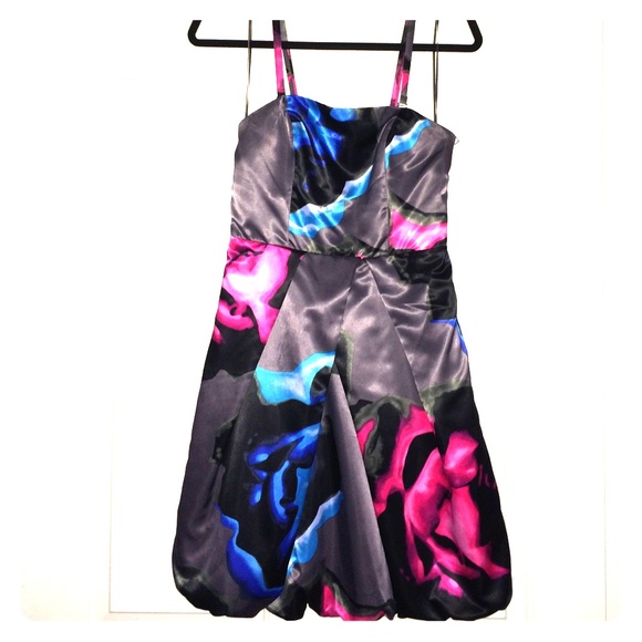 Black Pink Satin Empire Cocktail Mini Dress