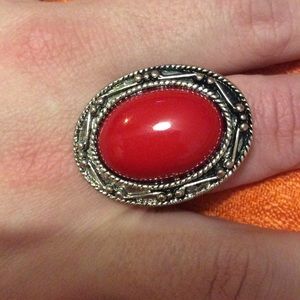 Red Oval Stone Silver Tone Ring