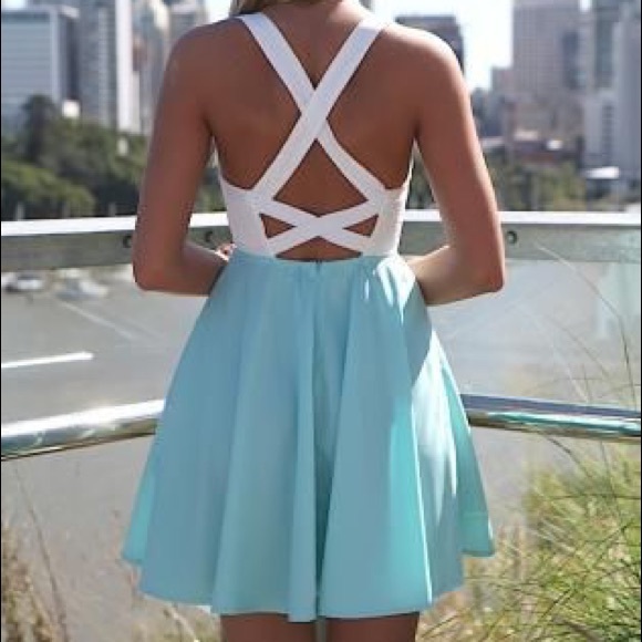 White and Light Blue Criss-Cross Back Dress