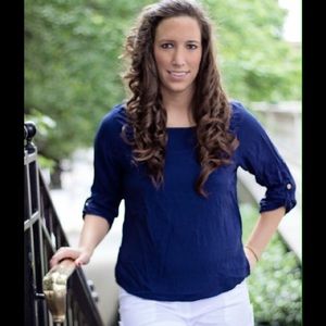 Navy Roll Up Button Sleeve Top