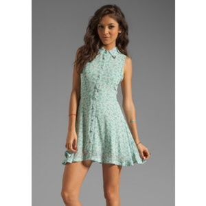 high collar blue floral chiffon skater dress