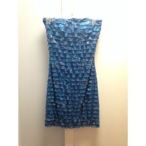 blue & shimmery scale-like strapless dress
