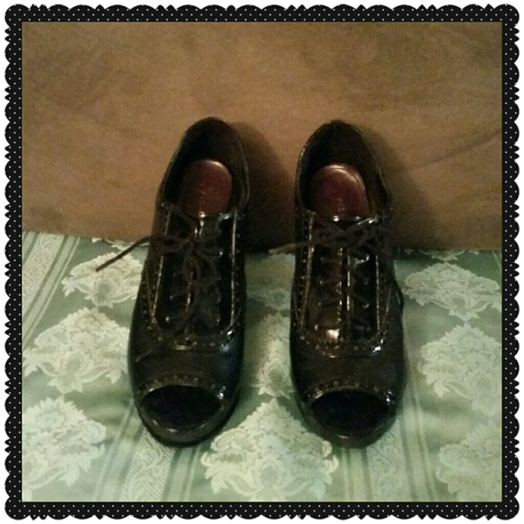 Vintage Black Laced Peep Toe Pumps