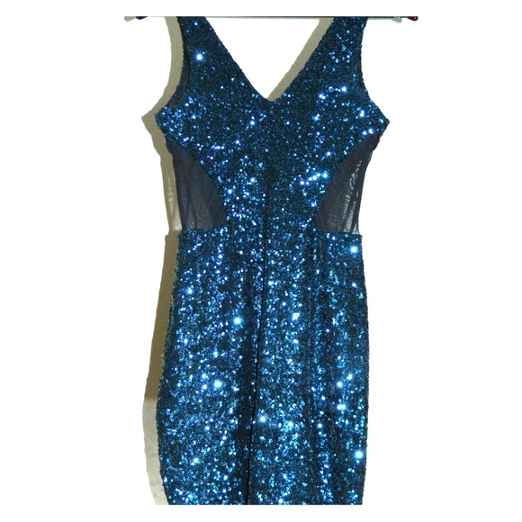BEBE mesh inset blue sequin dress