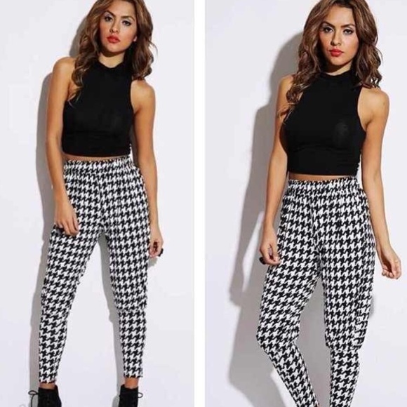 Pants - Black/White Houndstooth Print Slinky Harem Pants