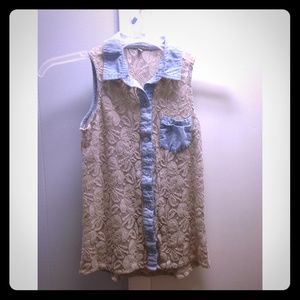cream lace with jean accent sleeveless button down