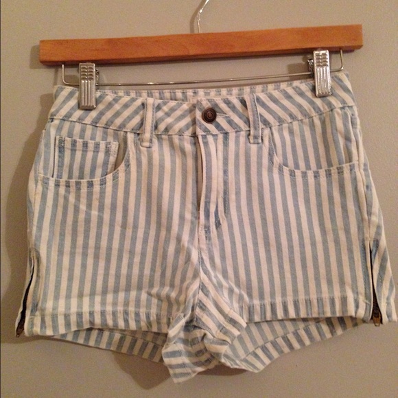 Striped white and light blue denim shorts