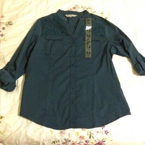 Blue lace button up top