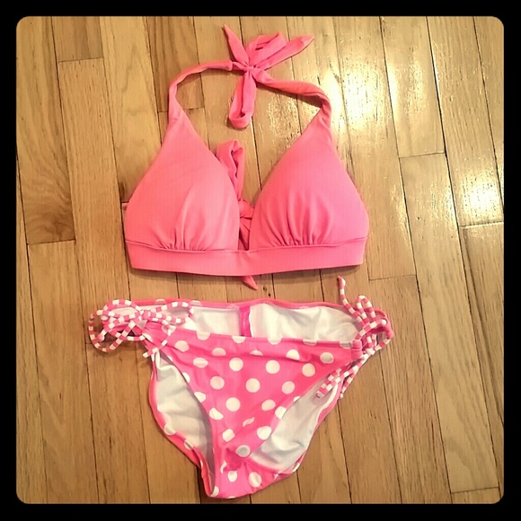 VS - Neon coral polka dot/striped bikini