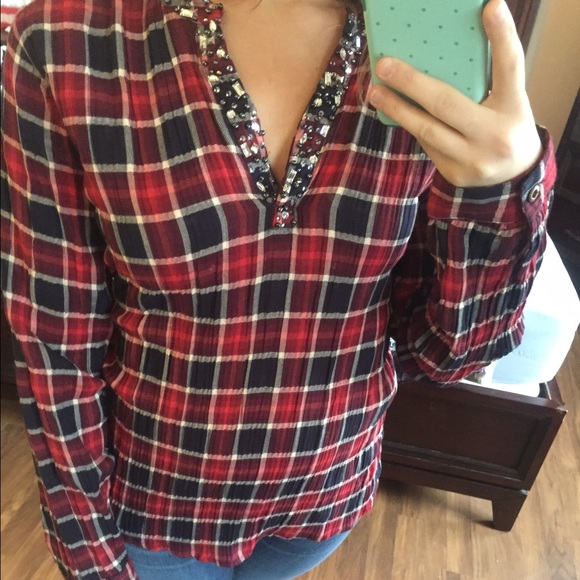 Really cute plaid shirt with beads at collar!