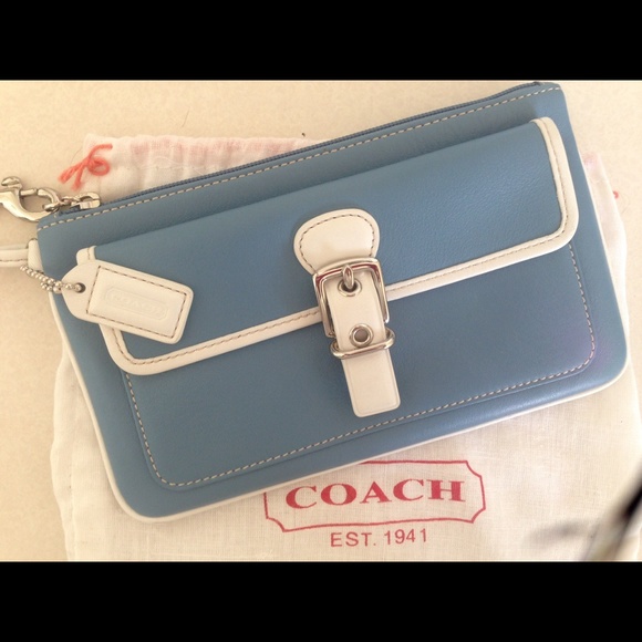 Coach light blue wristlet with white trim. - Picture 1 of 4