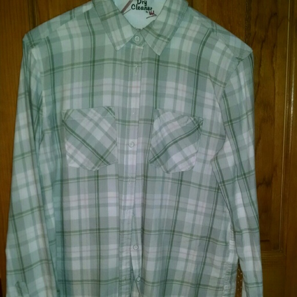 Plaid shirt. Olive green, white, and light pink.