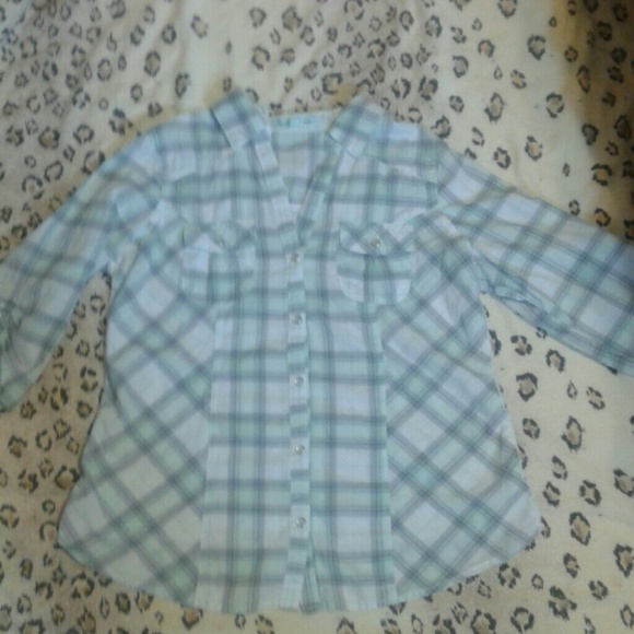 Seafoam, grey, and white plaid shirt! Super cute