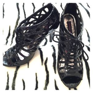patent black lace up heel