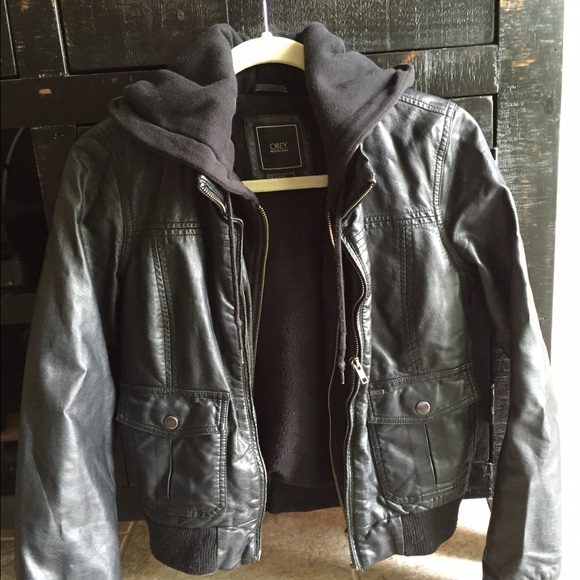 Obey leather jacket with hoodie