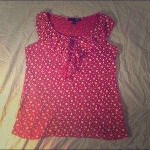 Hot pink polka dot top with ruffled collar