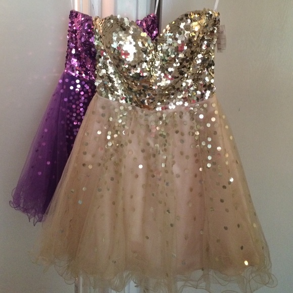 Gold strapless sequin dress