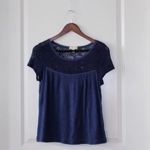 BLUE SHORT SLEEVE TOP WITH CROCHET DETAIL