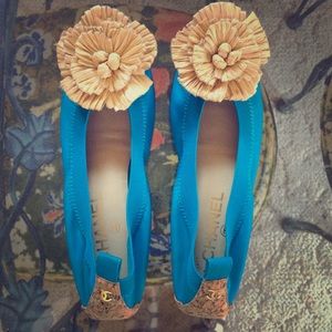 Turquoise blue Chanel flower flats for summer!