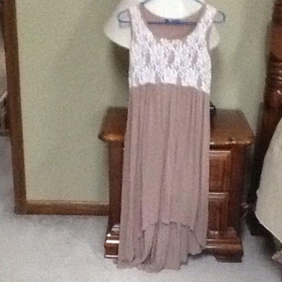 Brown/beige sundress and Merrell loafers.