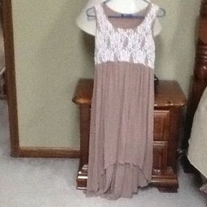 Brown/beige sundress and Merrell loafers.