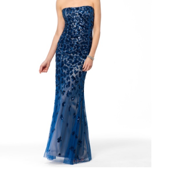 strapless blue sequins prom dress