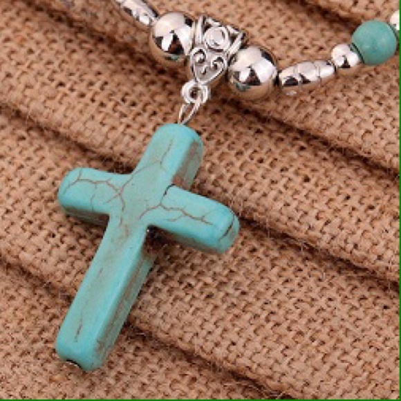 Turquoise Cross Tibetan Silver Pendant Necklace