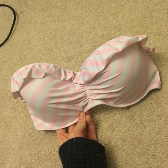 Stripped strapless swim top and purple bottoms