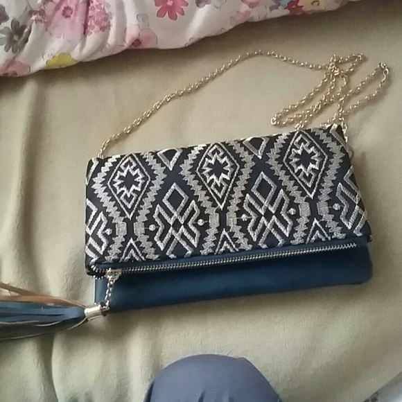 Teal and gold clutch bag