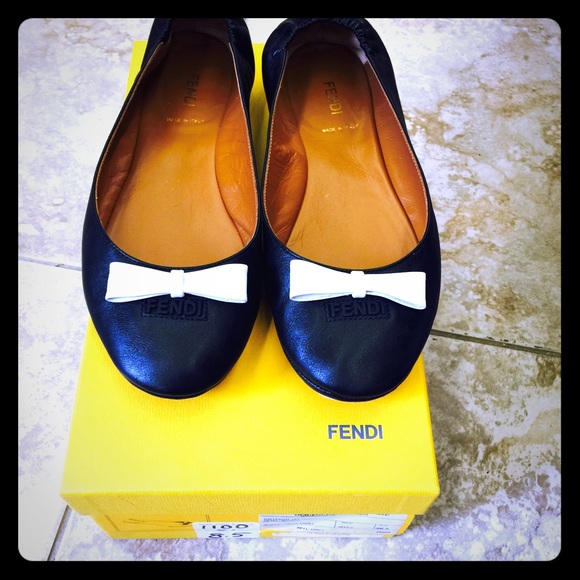 Fendi Flats Black with White Bow, Size 8.5