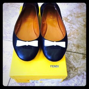 Fendi Flats Black with White Bow, Size 8.5