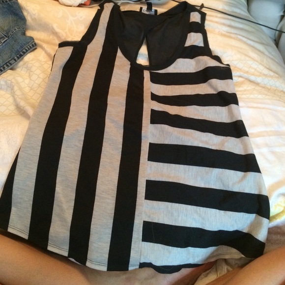 Asymmetrical stripe BEBE tank with sheer open back