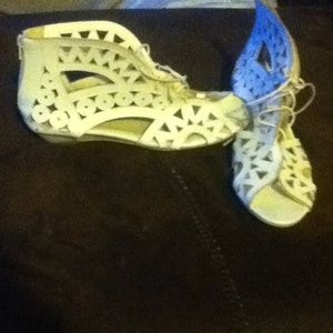 White Patterned Cutout Wedged Sandals