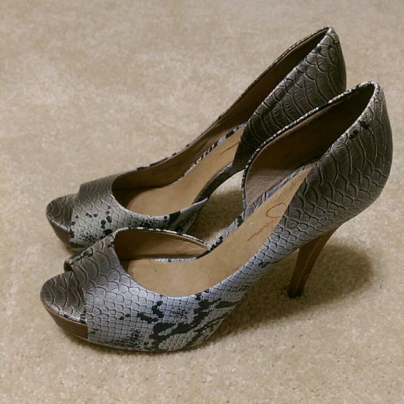 Snake skin open toe pumps