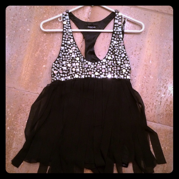 Bebe Beaded Racerback Fringe Top
