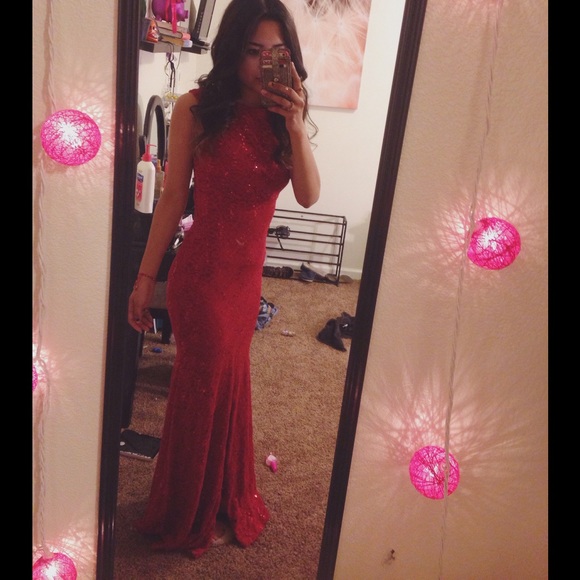 Red open back prom dress