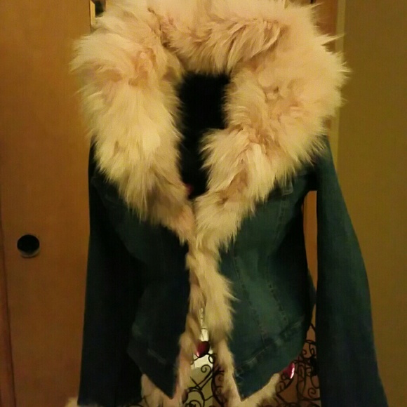 Pink dye fur blue jean jacket