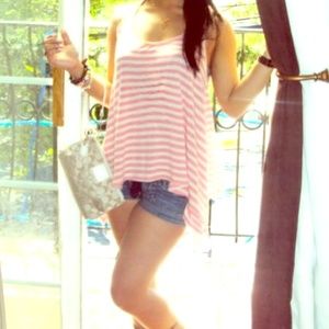 Pink coral white striped assymetric tank shirt