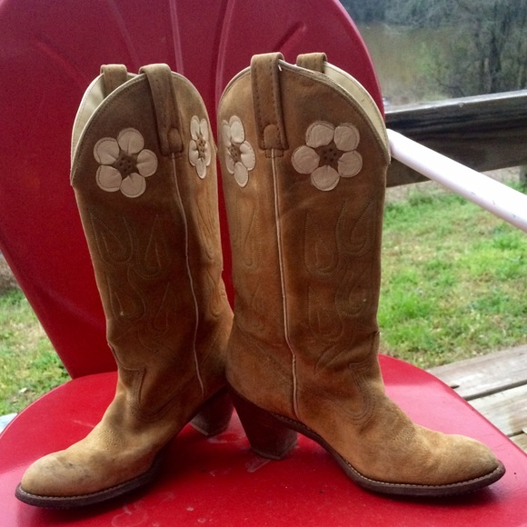 Vintage ACME Suede Cowboy Boots w/ Flower Accents