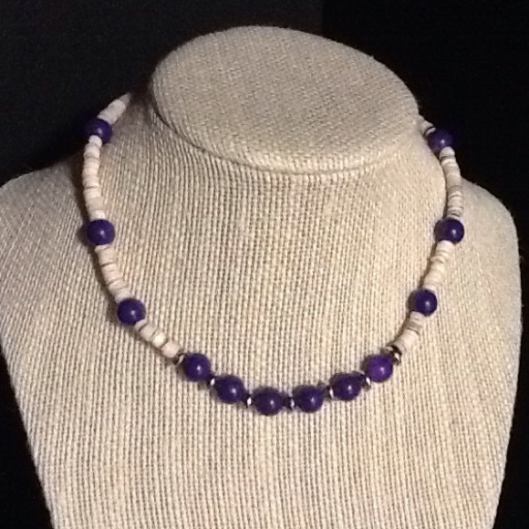 Necklace in white puka shell and purple. SFA color