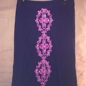Long navy blue and pink embellished skirt