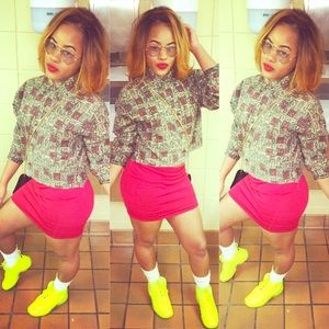 Vintage shirt and red pep skirt.